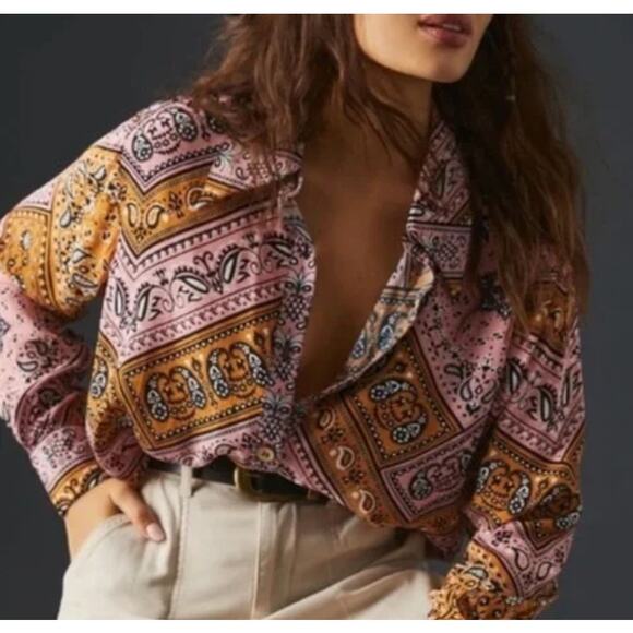 FARM Rio Tops - Farm Rio Classic Pink Paisley Bandana Butterfly Button Down Shirt - Sz Medium
